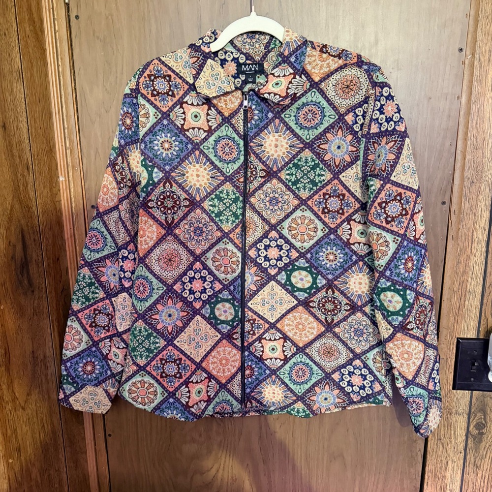 BoohooMAN Tapestry Jacket Multicolor Tile Floral Geometric Zip Front Large
